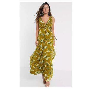 ASOS DESIGN Pleated Wrap Maxi Dress with Tie Waist in Green Floral